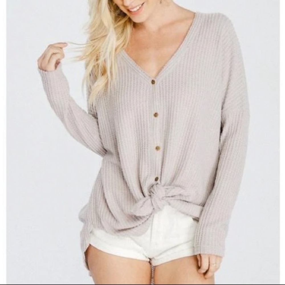 Paper crane thermal knit tie front button top S